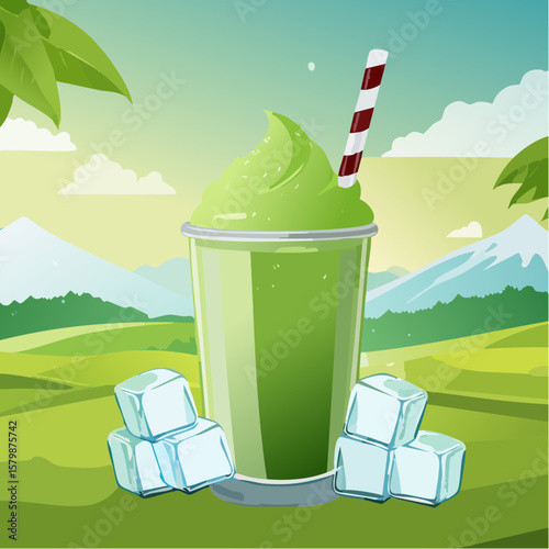abstract iced matcha green tea background with ice cubes