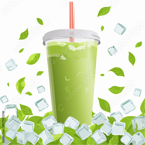 abstract iced matcha green tea background with ice cubes