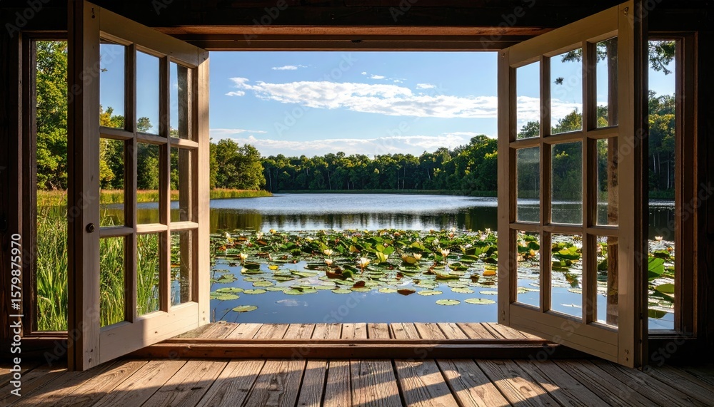 Fototapeta premium Tranquil lake view from a wooden cabin