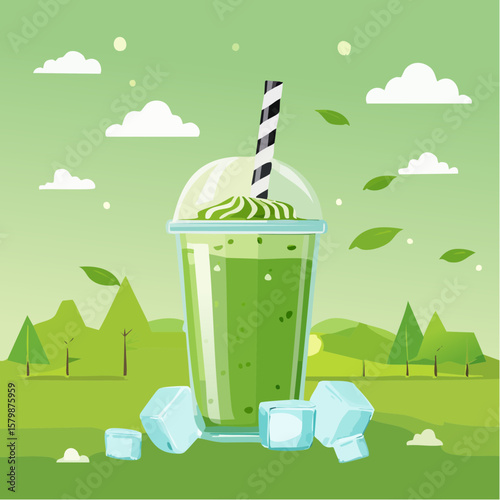 abstract iced matcha green tea background with ice cubes