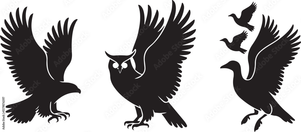 Obraz premium Flying and Perching Bird Silhouette Set Crow and Sparrow Vector Silhouettes Bundle Black Bird Clipart Collection – Flying & Branch Poses