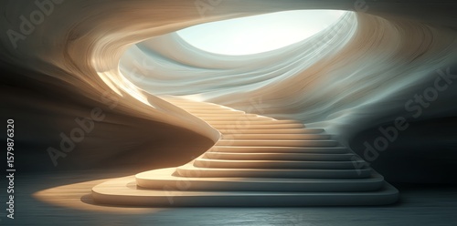 Futuristic Abstract Cave Entrance with Curved White Staircase and Bright Light