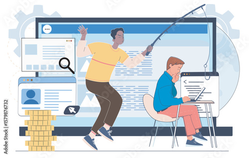 A hacker uses a phishing rod to steal data from an unaware man using a laptop, shown in a flat style with digital interface on a tech background. Concept of cybercrime. Vector illustration