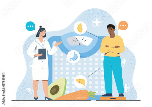 A nutritionist discusses weight and health with a patient. Flat graphic style with medical icons and healthy food on a white background. Concept of diet advice. Vector illustration