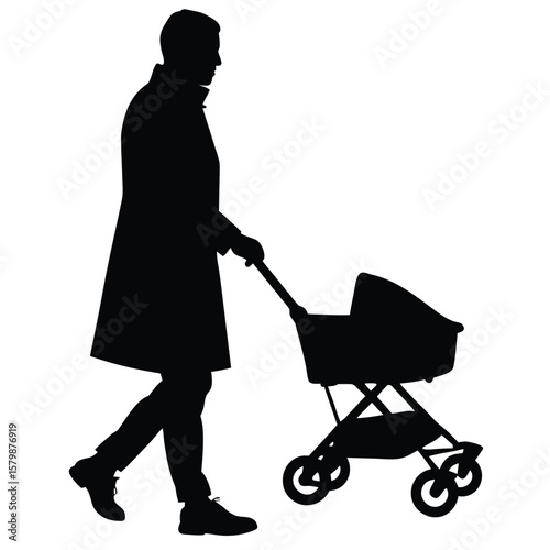 Silhouette of Man in Overcoat Pushing a Baby Stroller, Paternity and Family Concept Art