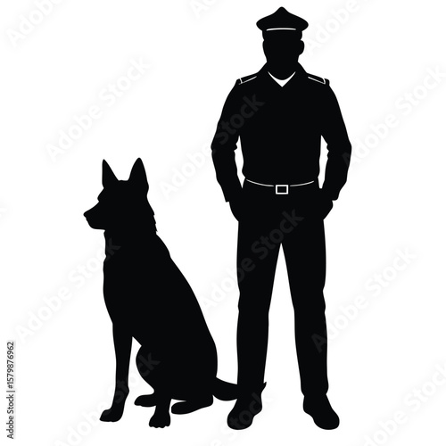 Silhouette of Policeman and German Shepherd Dog Law Enforcement, Security, and Protection Icon