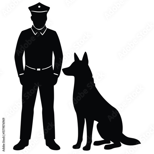 Silhouette of Police Officer Standing Beside Seated German Shepherd Dog, Isolated on White