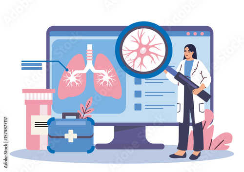 Female doctor with magnifier examining lungs on computer screen, flat cartoon style, white background. Concept of respiratory system health diagnosis. Vector illustration