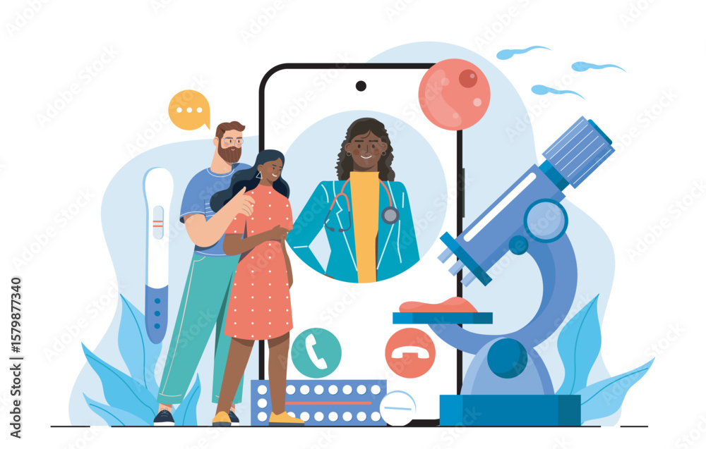 Couple consulting a female doctor via video call about fertility, with medical elements like microscope, pills, pregnancy test in flat style on white background. Vector illustration