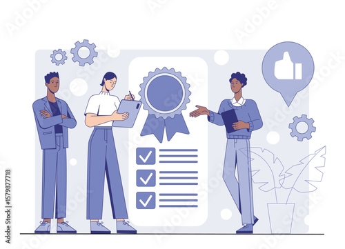 Three business people discussing certification or quality assurance checklist beside a large badge icon, in flat style, on a light background. Concept of teamwork. Vector illustration