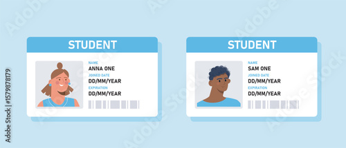 Two illustrated student ID cards featuring male and female cartoon characters, on a light blue background. Concept of identification and student status. Vector illustration