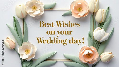 wedding card with flat, pastel toned floral frame made of ivory tulips and pale peach camellias, white background. Large golden embossed message: 