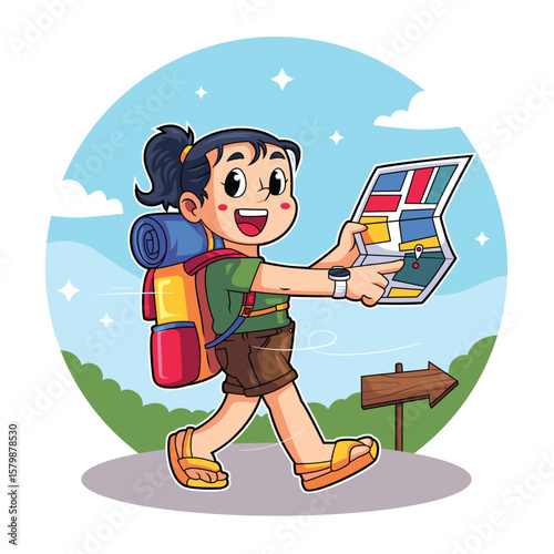 Teen Girl Hiking With Map and Backpack