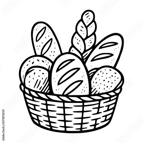 Woven Basket with Artisan Breads Hand Drawn Sketch style Vector Illustration - Rustic Bakery Line Art
