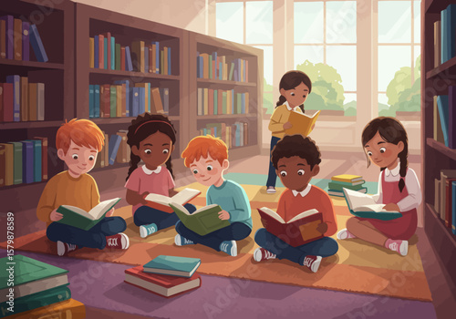 Diverse Group of Children Reading Books in a Library, Encouraging a Love for Learning and Education