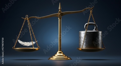 Balance and Justice: A detailed depiction of a classic balance scale, showcasing the disparity between a feather and a heavy weight, visually symbolizing fairness, legal process.