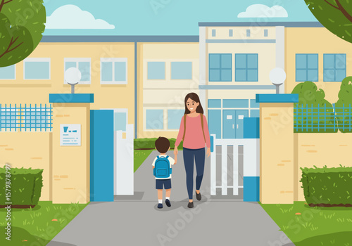 Back to School A Mom Walking Her Child to School Building in Sunny Day