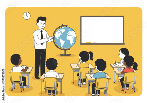 Engaging Geography Lesson Teacher Interacting with Students Around a Globe in a Classroom