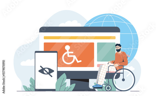Man in wheelchair with screen showing accessibility icons, flat style, on white background with globe and foliage. Concept of inclusive digital design. Vector illustration