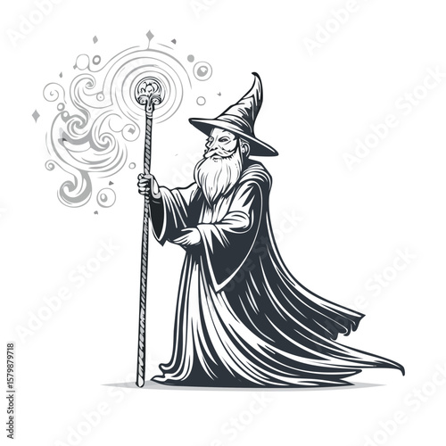 Vintage black white wizard with staff casting spell, ink sketch vector