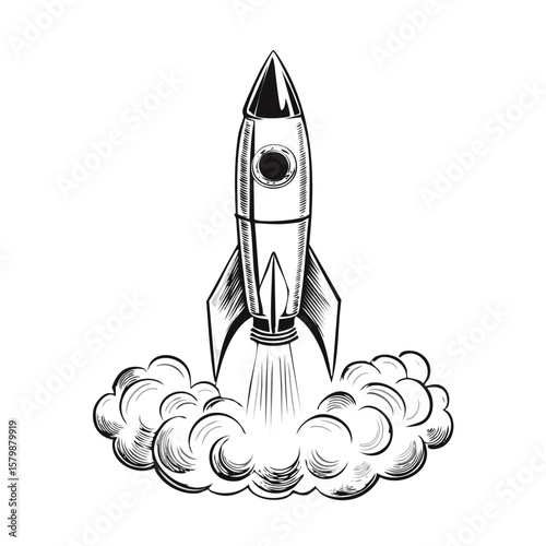 Ink sketch rocket launching vector with smoke trail, vintage style art