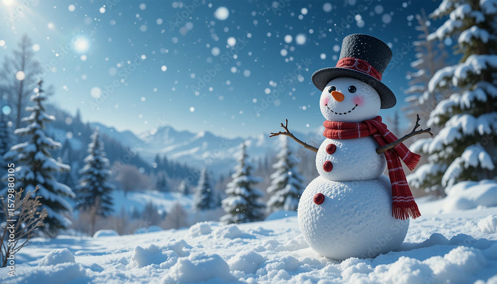 Fototapeta premium Panoramic view of happy snowman in winter landscape