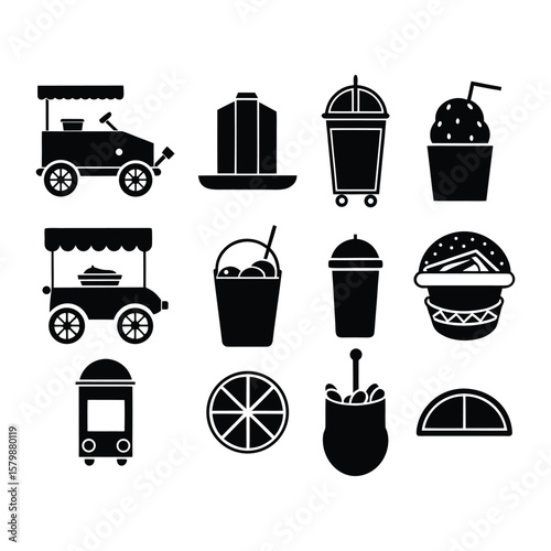 Top View Street Food. Drink Icons. Bold Black Silhouette Set. Minimal Food Truck. Beverage Icon. Burger, Juice, Ice Cream, Cart, More