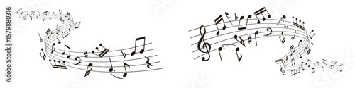 Wavy music sheet: background vector illustration of musical notes lined up on staff notation