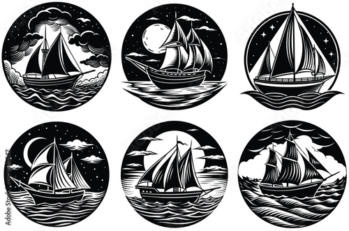 Collection of vintage sailing ships navigating through stylized seascapes