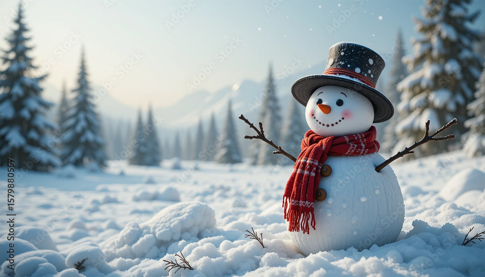 Obraz premium Panoramic view of happy snowman in winter landscape