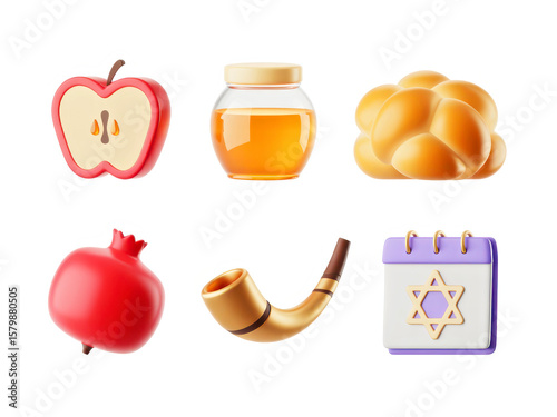 Rosh Hashanah Icons: Apple, Honey, Challah, Pomegranate, Shofar, Star of David Calendar