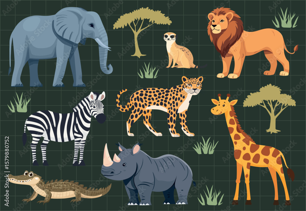 Obraz premium Colorful African wildlife illustration, element vector set