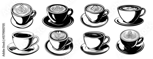Artistic coffee cup illustrations, element vector set