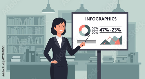 Professional Woman Presenting Infographics Data On A Whiteboard In An Office