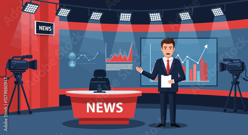 Professional News Anchor Broadcasting Financial Updates in a Modern Studio