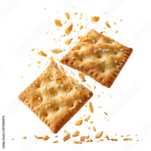 Delicious sesame seed crackers breaking apart with crumbs on transparent background isolated