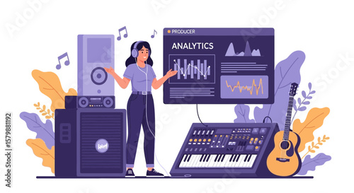 Female Music Producer Managing Analytics in Her Home Recording Studio