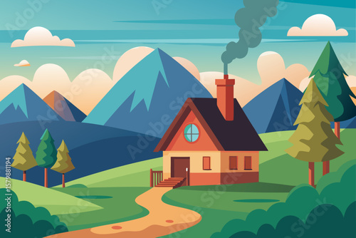 Cozy mountain cabin with smoke rising from chimney in a scenic landscape