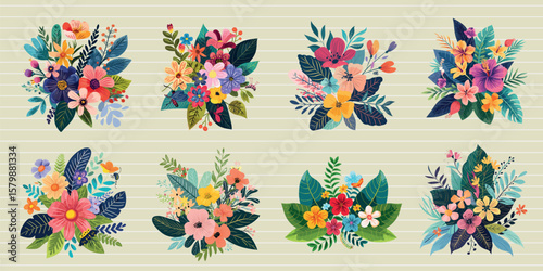Colorful floral bouquet illustrations, isolated vector set