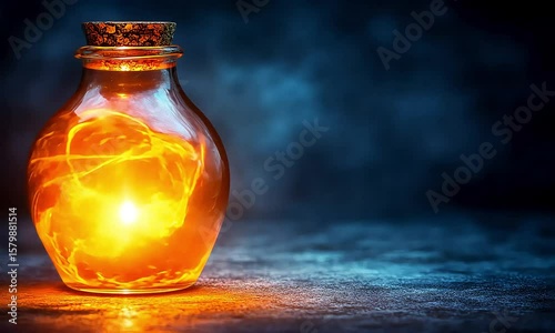 Mystical Potion Vessel: Glowing Elixir in a Glass Bottle on Dark Background