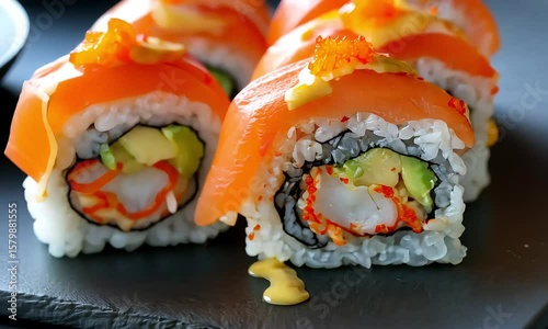 Delicious Salmon Sushi Rolls with Avocado and Caviar for Gourmet Food Delights