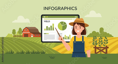 Farmer Showing Yield Statistics On Tablet In Agricultural Landscape