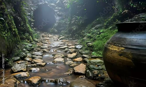Serene mountain stream cascading through the jungle, with aged clay pot stillness