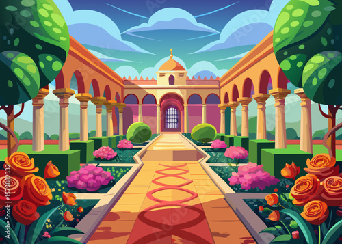 Vibrant courtyard garden with blooming roses and classical architecture