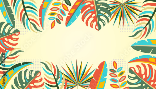 Summer colorful banner poster, palm tropical leaves, rainforest border frame. Vector illustration. Jungle exotic flyer, nature organic brochure template. Tropic beach party background