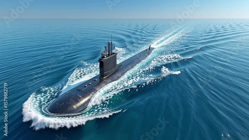 Modern submarine navigating through calm ocean waters with wake and clear blue sky in background, top view perspective