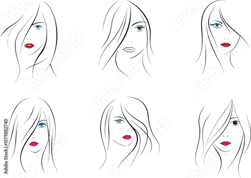 Minimalist line art illustrations of six women s faces with blue eyes and red lips