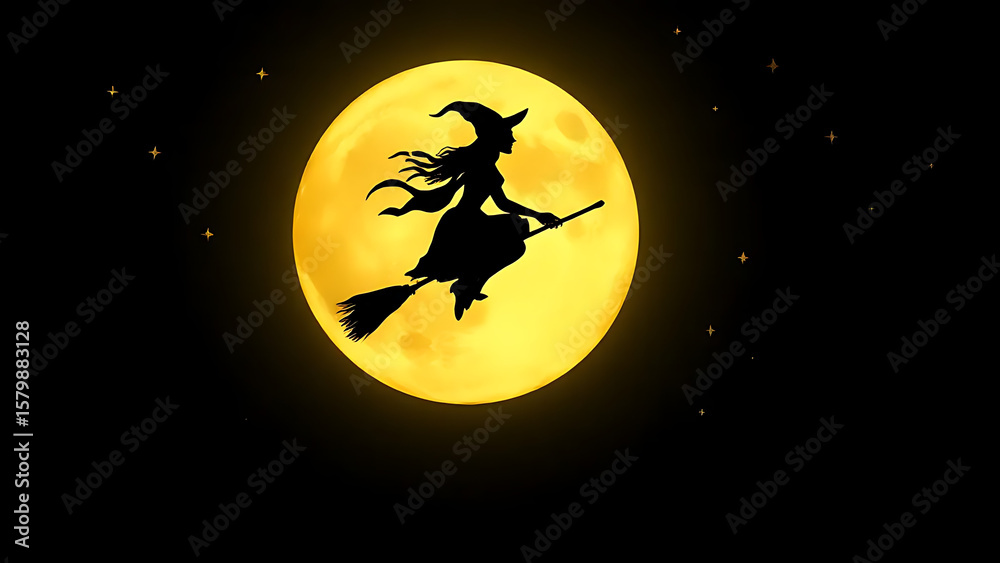Fototapeta premium Silhouette of a witch on a broomstick flying across a bright yellow full moon with a dark sky background.