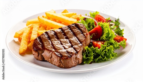A steak with hot fries and a salad on a white plate against a white background.