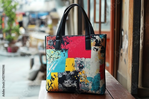 Wallpaper Mural Colorful Abstract Pattern Tote Bag on Wooden Surface in Natural Light Torontodigital.ca